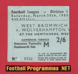 West Bromwich Albion v Wolves 1958 - FA Cup Football Ticket