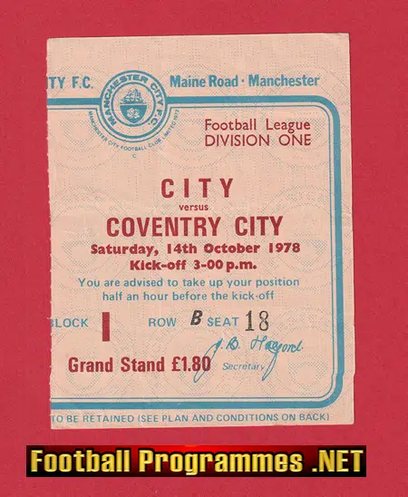 Manchester City v Coventry City 1978 - Football Ticket 1970s