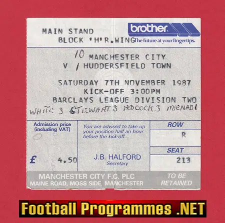 Manchester City v Huddersfield Town 1987 – Ticket – Record Score