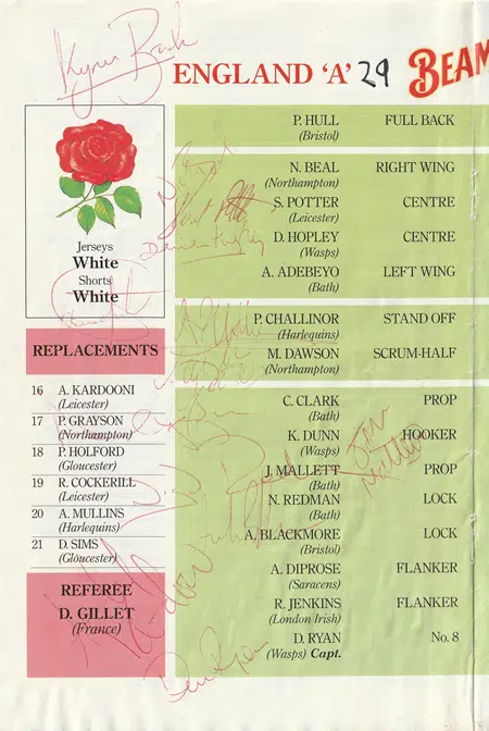 England Rugby v Ireland 1994 - Multi Signed Autographed Sheet