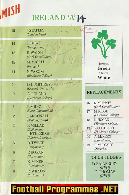 England Rugby v Ireland 1994 - Multi Signed Autographed Sheet