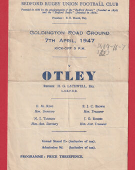 Bedford Rugby v Otley 1947 – 1940s Old Rugby Programmes