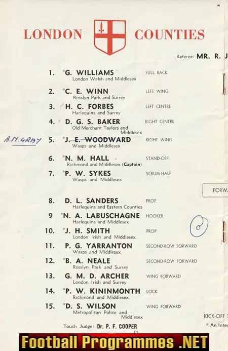 London Counties v New Zealand 1953 - Welsh Trials Match Twickers