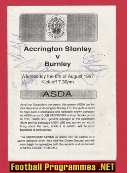 Accrington Stanley v Burnley 1997 – Multi Signed Autographed