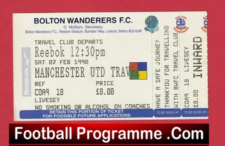 Bolton Wanderers v Manchester United 1998 – Match Ticket