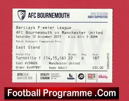 Bournemouth v Manchester United 2015 – Match Ticket