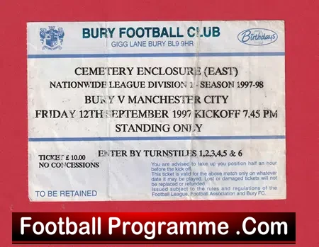 Bury v Manchester City 1997 – Football Ticket – Gigg Lane