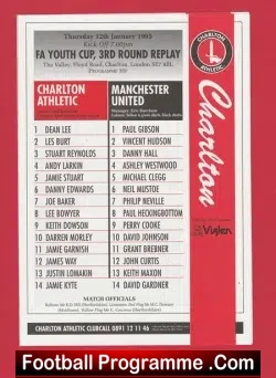 Charlton Athletic v Manchester United 1995 - Youth Cup Man Utd - football programme