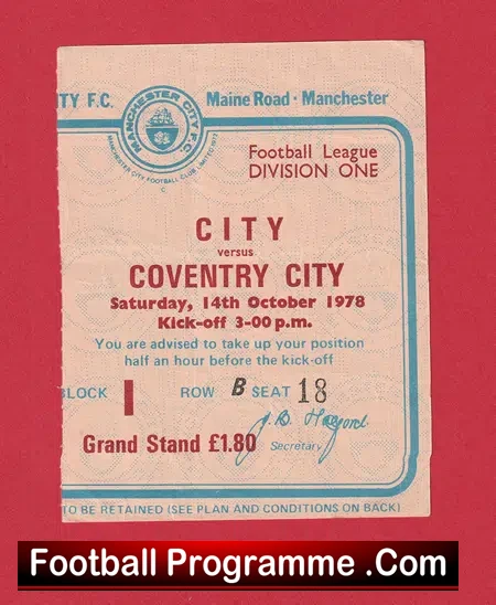 Manchester City v Coventry City 1978 – Football Ticket 1970s