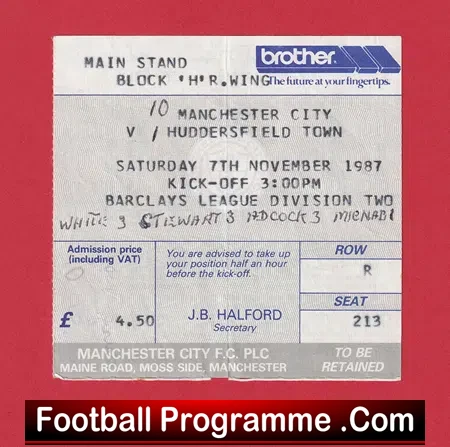 Manchester City v Huddersfield Town 1987 – Ticket – Record Score