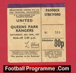 Manchester United v QPR 1977 - Man Utd Football Ticket - football memorabilia