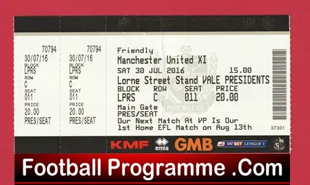 Port Vale v Manchester United 2016 - Football Ticket Friendly