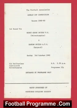 Wergs Crown United v Sartan United 1982 Sunday Cup Wolverhampton - football programme