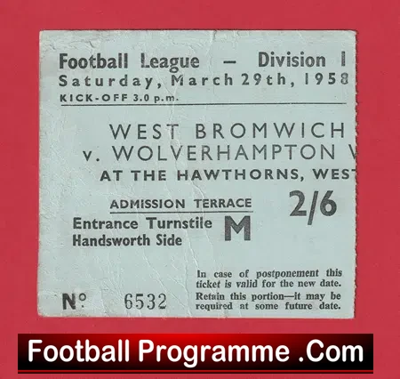 West Bromwich Albion v Wolves 1958 – FA Cup Football Ticket
