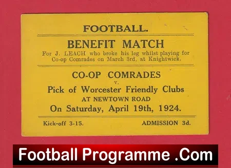 Worcester J Leach Football Benefit Match Ticket 1924 – 1920s