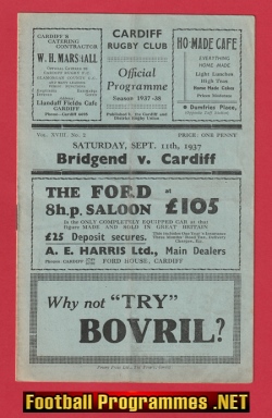 Cardiff Rugby v Bridgend 1937 – 1930s Old Rugby Programmes