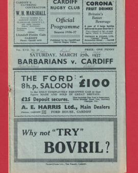 Cardiff Rugby v Barbarians 1937 – 1930s Old Rugby Programme