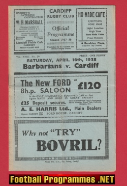 Cardiff Rugby v Barbarians 1938 – 1930s Old Rugby Programme