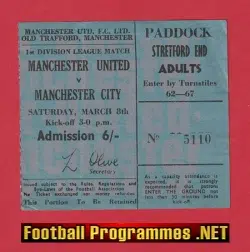Manchester United v Manchester City 1969 - Old Football Ticket