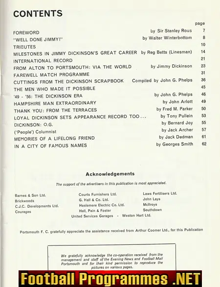 Jimmy Dickinson Testimonial Benefit Match Portsmouth 1965