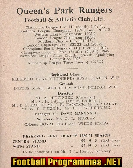 Queens Park Rangers Football Club Official Handbook 1950 - 1951