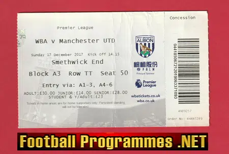 West Bromwich Albion v Manchester United 2017 - WBA Tickets