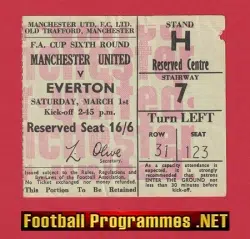 Manchester United v Everton 1969 - Football Ticket 1960s