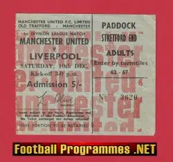 Manchester United v Liverpool 1966 - 1960s Old Football Ticket
