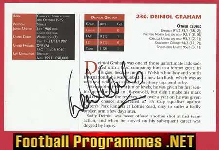 Manchester United Deiniol Graham Autograph Signed Fact Sheet