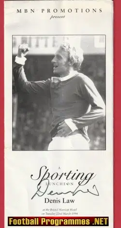 Manchester United Denis Law Autograph Signed Menu Man Utd 1994