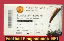 Manchester United v Blackburn Rovers 2010 – Match Ticket Man Utd