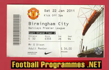 Manchester United v Birmingham City 2011 – Match Ticket Man Utd