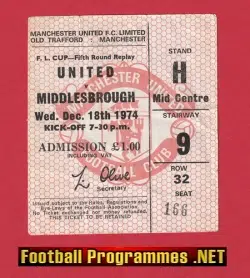 Manchester United v Middlesbrough 1974 - 2nd Division Ticket