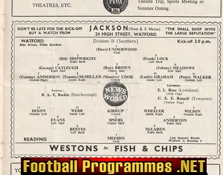 Watford v Reading 1957 - Multi Signed Autographed