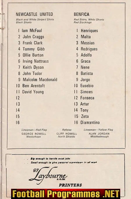 Newcastle United v Benfica 1971 - St James Park