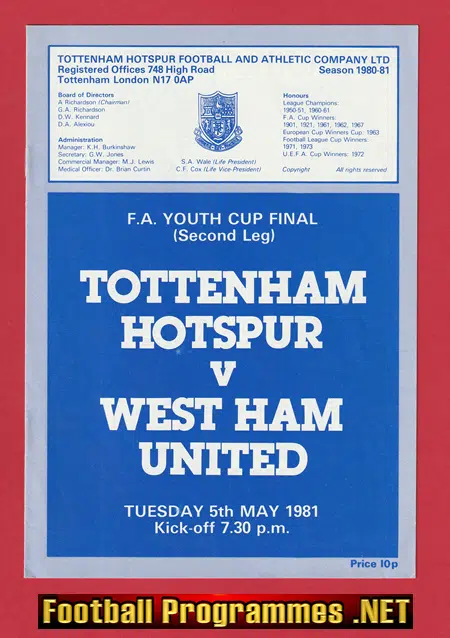 Tottenham Hotspur v West Ham United 1981 – 81 Youth Cup Final