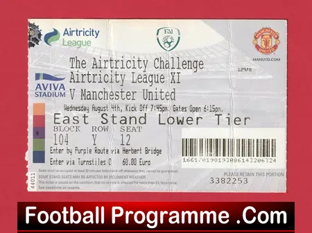 Airtricity League v Manchester United 2010 – Irish Match Ticket