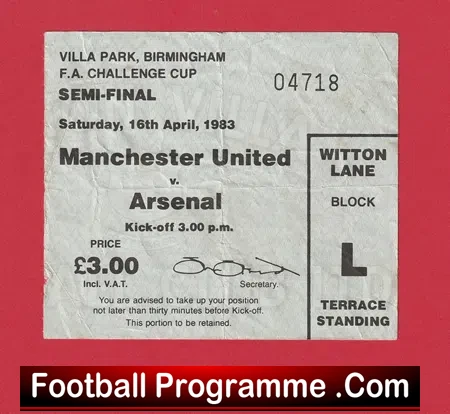 Arsenal v Manchester United 1983 – FAC Semi Ticket Villa Park