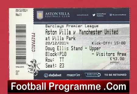Aston Villa v Manchester United 2014 – Football Match Ticket