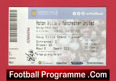 Aston Villa v Manchester United 2015 – Match Ticket