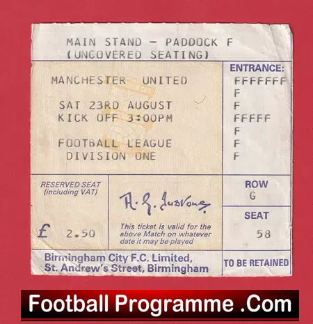 Birmingham City v Manchester United 1980 – Match Ticket