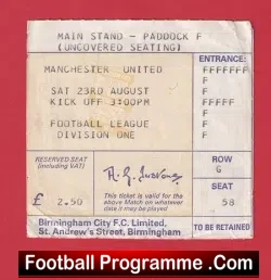 Birmingham City v Manchester United 1980 – Match Ticket