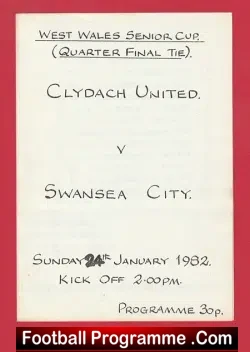 Clydach United v Swansea City 1982 - Welsh Wales Senior Cup - football programme