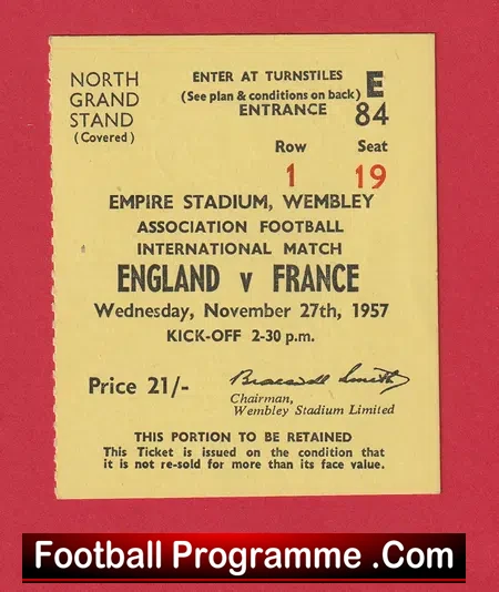 England v France 1957 – Football Ticket Duncan Edwards Last