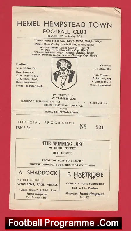 Hemel Hempstead Town v Hemel Hepstead Rovers 1961