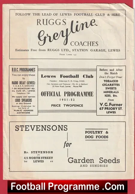 Lewes v Southwick 1952 – 1950’s Football Programme