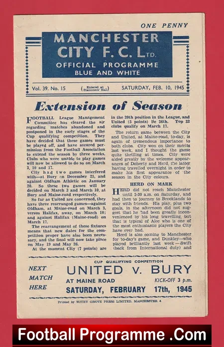 Manchester City v Manchester United 1944 - Man Utd War Time