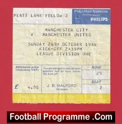Manchester City v Manchester United 1986 – Match Ticket