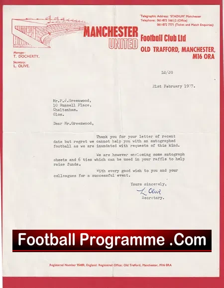 Manchester United Football Club Man Utd Official Letter Signed Les Olive