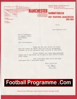 Manchester United Football Club Man Utd Official Letter Signed Les Olive